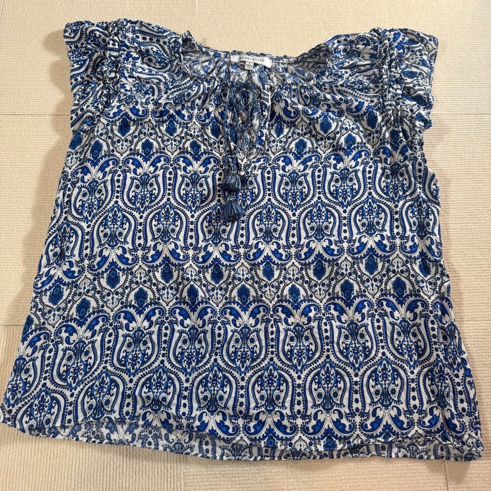 Rose + Olive Women's Large Top Keyhole Neck Tassel Flutter Sleeve Blue Boho